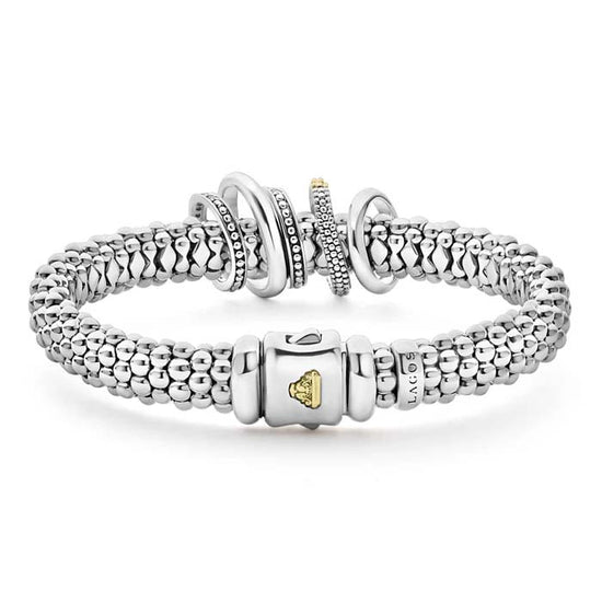 LAGOS 9MM Two-Tone Five Ring Diamond Caviar Bracelet in Sterling Silver and 18K Yellow Gold