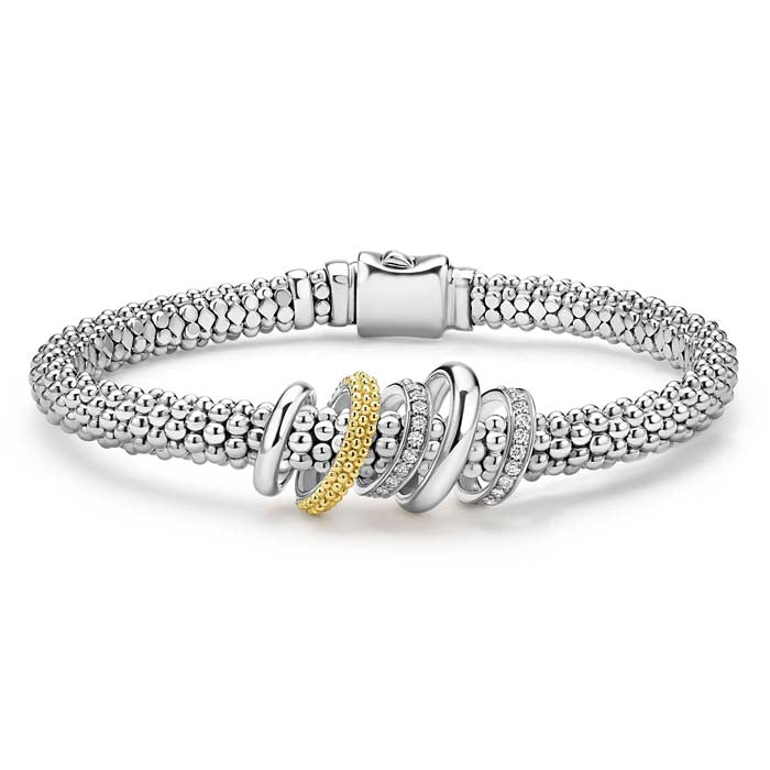 Lagos 6MM Two-Tone Five Ring Diamond Caviar Bracelet in Sterling Silver and 18K Yellow Gold