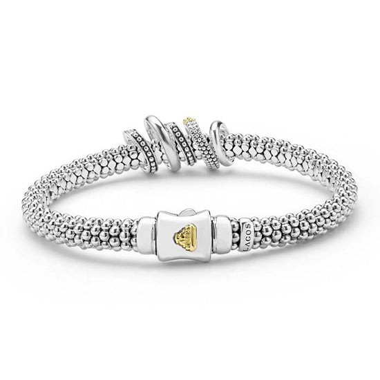 Lagos 6MM Two-Tone Five Ring Diamond Caviar Bracelet in Sterling Silver and 18K Yellow Gold