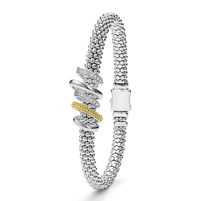 Lagos 6MM Two-Tone Five Ring Diamond Caviar Bracelet in Sterling Silver and 18K Yellow Gold