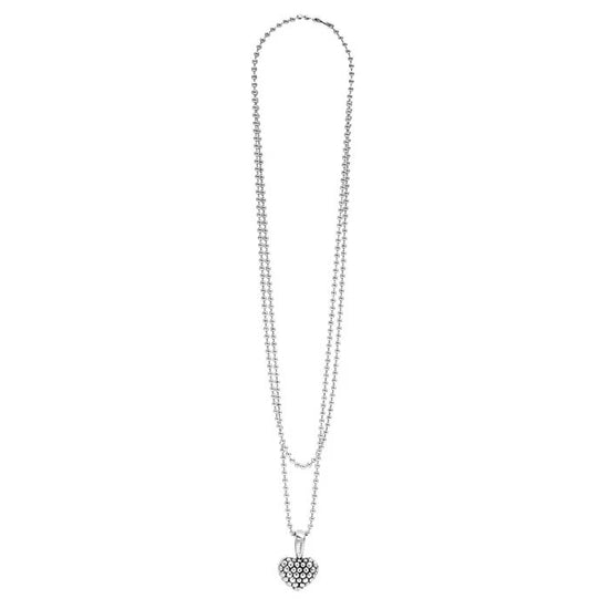 LAGOS 34" Beaded Heart Signature Caviar Pendant Necklace in Sterling Silver