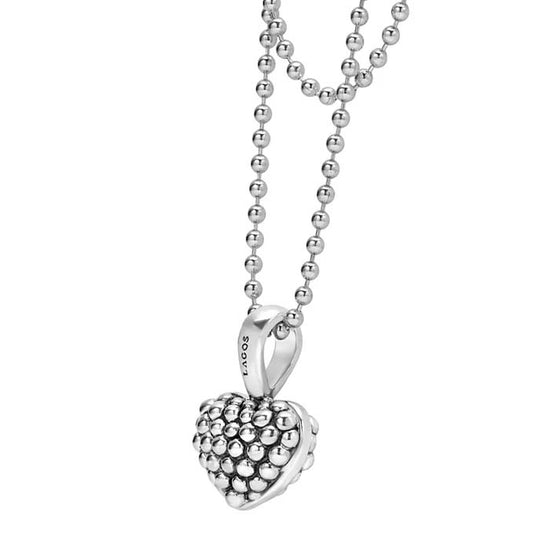 LAGOS 34" Beaded Heart Signature Caviar Pendant Necklace in Sterling Silver