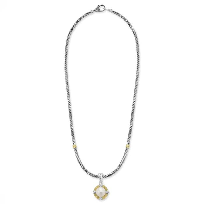 LAGOS Pearl and Diamond Caviar Pendant Necklace in Sterling Silver and 18K Yellow Gold