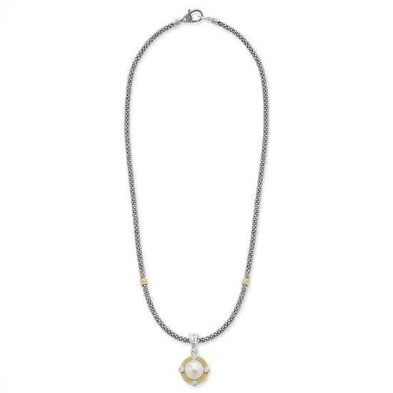 LAGOS Pearl and Diamond Caviar Pendant Necklace in Sterling Silver and 18K Yellow Gold