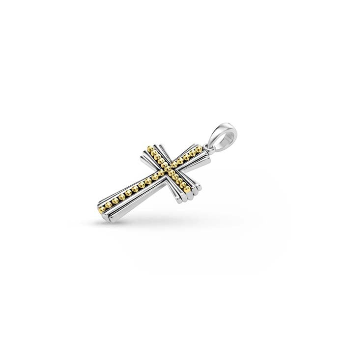 LAGOS Anthem Two-Tone Caviar Beaded Cross Amulet in Sterling Silver and 18K Yellow Gold