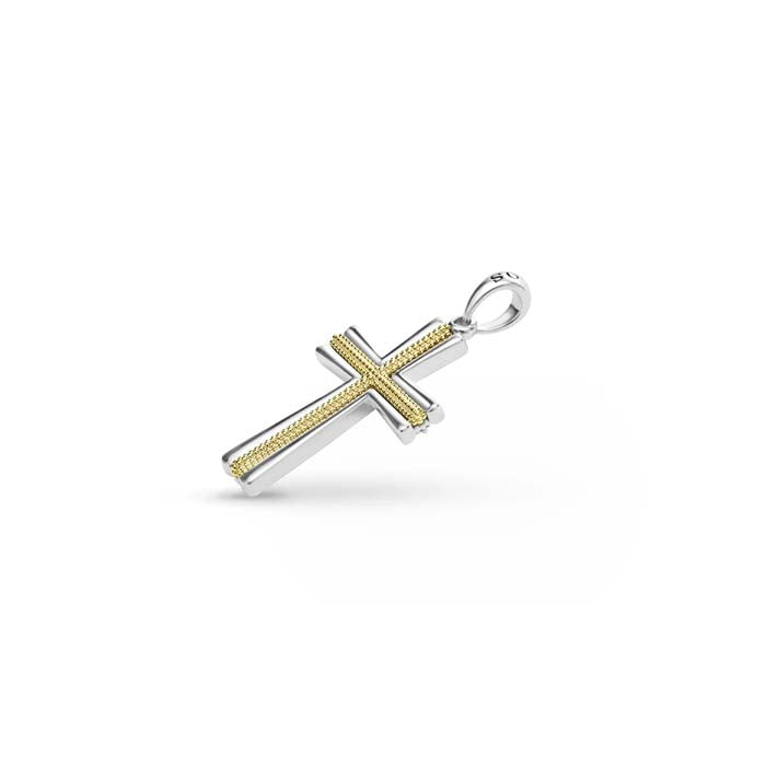 LAGOS Anthem Small Two Tone Caviar Beaded Cross Amulet in Sterling Silver and 18K Yellow Gold