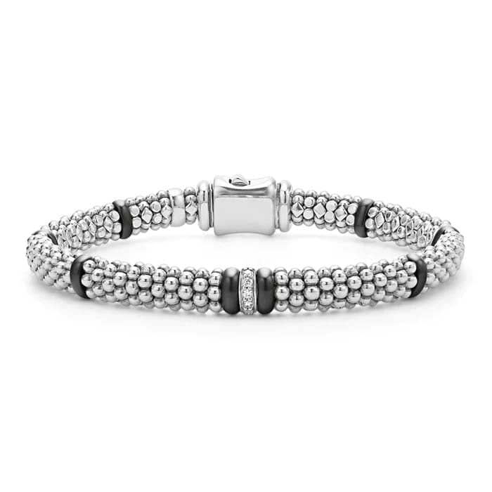 LAGOS Black Ceramic Single Station Diamond Caviar Bracelet in Sterling Silver