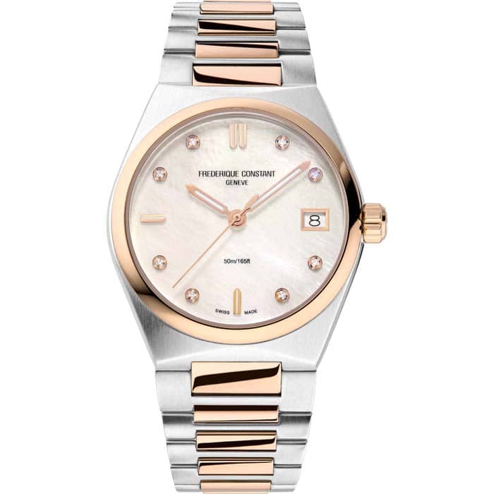 Frederique Constant 31mm Highlife Ladies Quartz Watch with Mother of Pearl and Diamond Dial in Stainless Steel and Rose Gold Plate