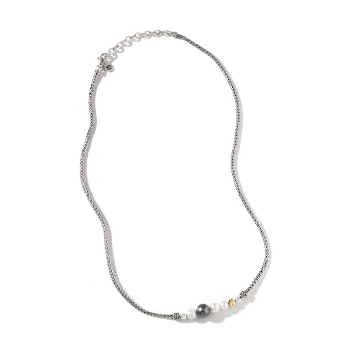 John Hardy Pearl Station Necklace in Sterling Silver and 18K Yellow Gold