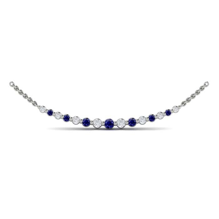 Vlora Diamond and Blue Sapphire Curved Bar Necklace "Adella Collection" in 14K White Gold