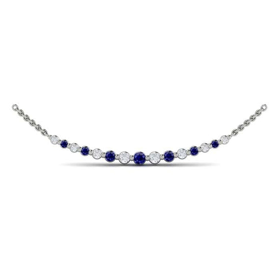 Vlora Diamond and Blue Sapphire Curved Bar Necklace "Adella Collection" in 14K White Gold