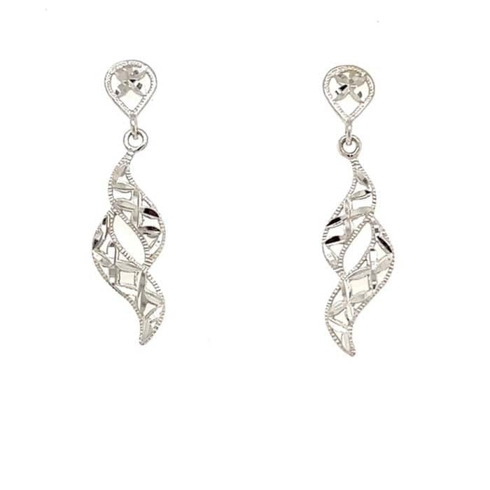 Estate Diamond Cut Swirl Earrings in 14K White Gold