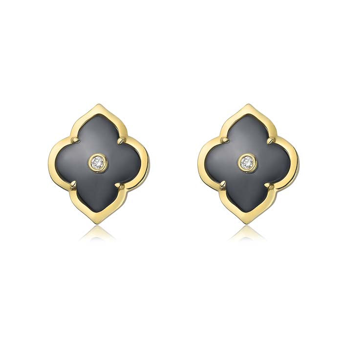 Charles Krypell Hematite and Diamond Petite Les Fleurs Earrings in 18K Yellow Gold