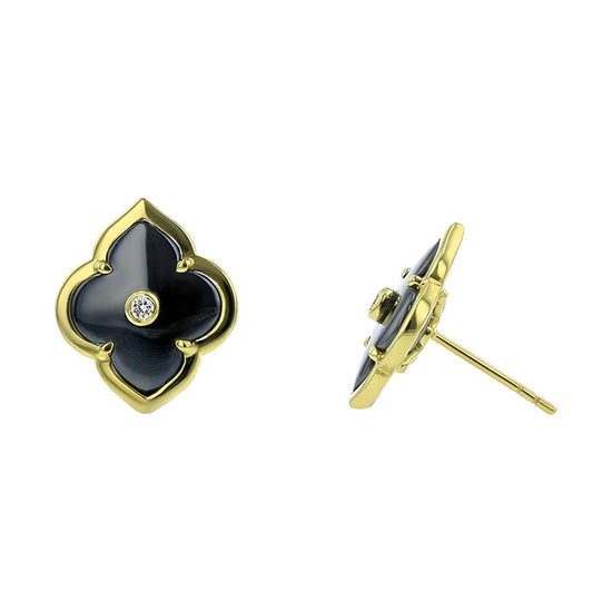 Charles Krypell Hematite and Diamond Petite Les Fleurs Earrings in 18K Yellow Gold