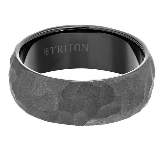 Triton Mens 8MM Hammered Finish Wedding Band in Black Tungsten Carbide