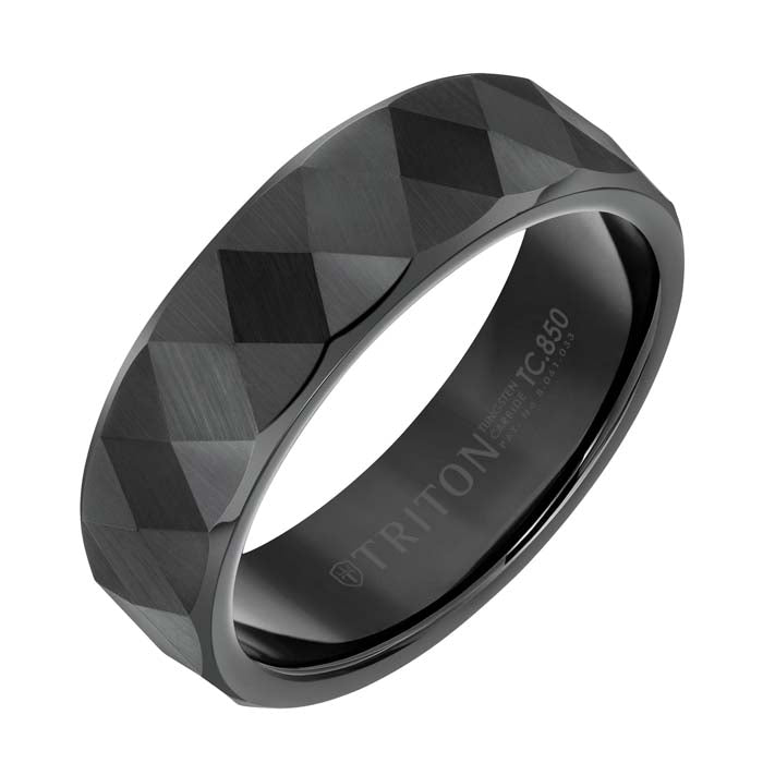 Triton 7MM Faceted Diamond Pattern Wedding Band in Black Tungsten Carbide