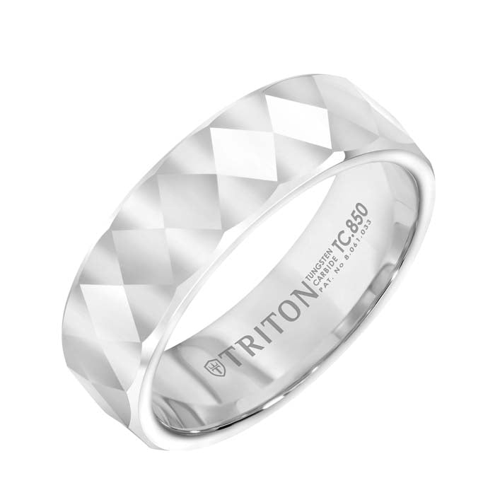 Triton 7MM Faceted Diamond Pattern Wedding Band in White Tungsten Carbide