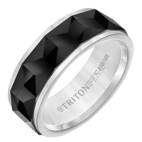 Triton Men's 8MM Wedding Band in White and Black Tungsten Carbide