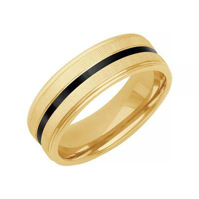 Goldman 7MM Coin Edge Texture Wedding Band with Ceramic Inlay in 14K Yellow Gold and Deep Black Ceramic