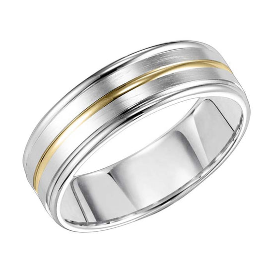 Goldman Men's 7MM Wedding Band in 14K White Gold with 14K Yellow Gold Center Groove, Satin Finish