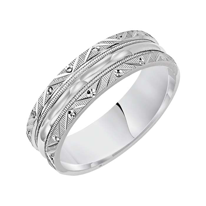 Goldman Men's 6MM Wedding Band with Polished Edge, Milgrain and Line Pattern 14K White Gold