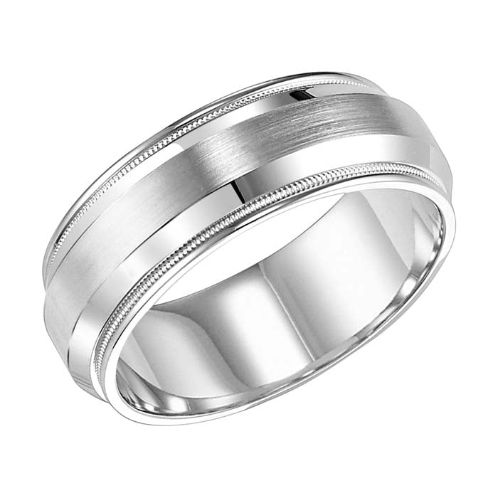 Goldman Men's 8MM Wedding Band with Satin Finish, Polished Edge and Milgrain Detail in 14K White Gold