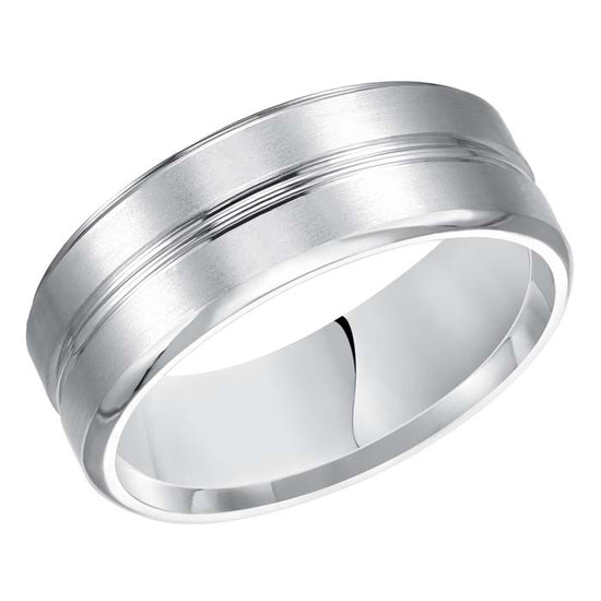 Goldman Men's 8MM Wedding Band with Grooved, Satin and Polished Finish 14K White Gold