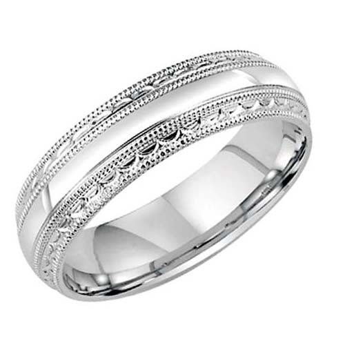 Goldman Men's 6MM Wedding Band Polished Center, Milgrain Edge and Engraved Scallop Design in 14K White Gold