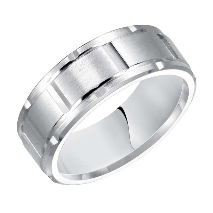 Goldman Men's 8MM Wedding Band Satin Center with Polished Grooved Brick Pattern 14K White Gold