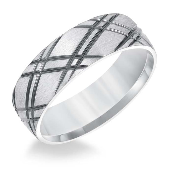 Goldman Men's 6.5MM Wedding Band with Wire Finish Checkerboard Pattern 14K White Gold