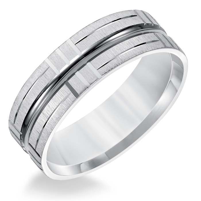 Goldman Men's 7MM Wedding Band with Wire Finish and Bright Cut Accents in 14K White Gold