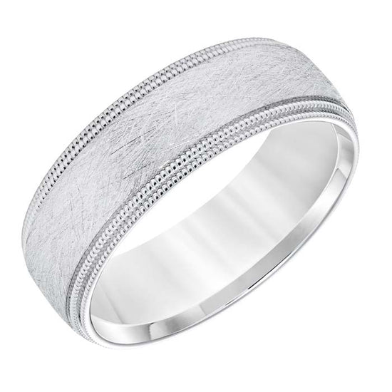 Goldman Men's 7MM Wedding Band with Wire Brushed Finish and Milgrain Edge in 14K White Gold