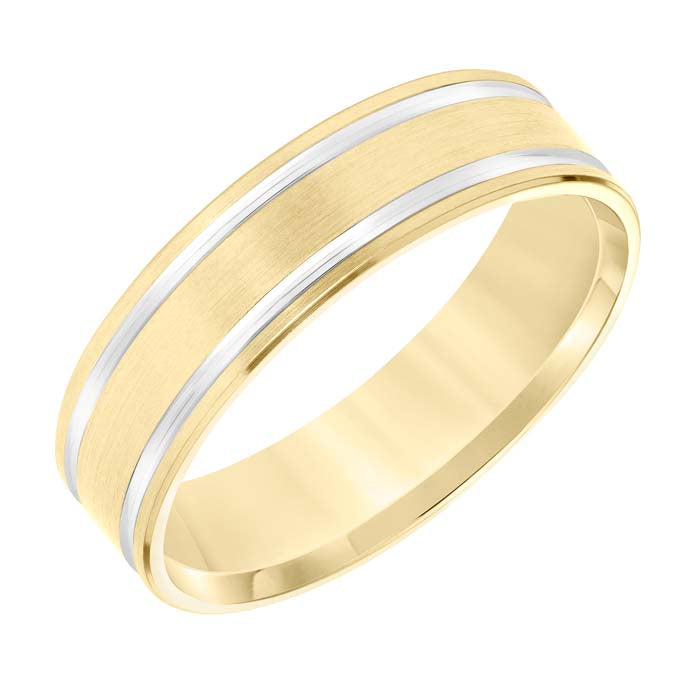 Goldman Men's 6MM Wedding Band in 14K Yellow Gold with Brushed Finish and Rhodium Accents