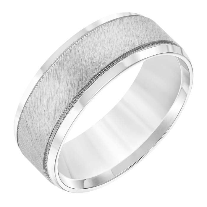 Goldman Men's 8MM Wedding Band with Satin Finish and Milgrain in 14K White Gold