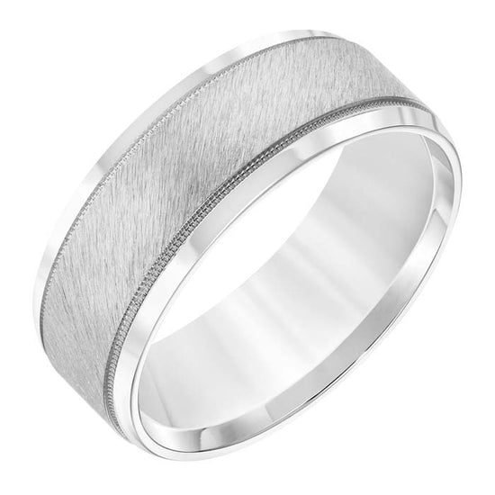 Goldman Men's 8MM Wedding Band with Satin Finish and Milgrain in 14K White Gold