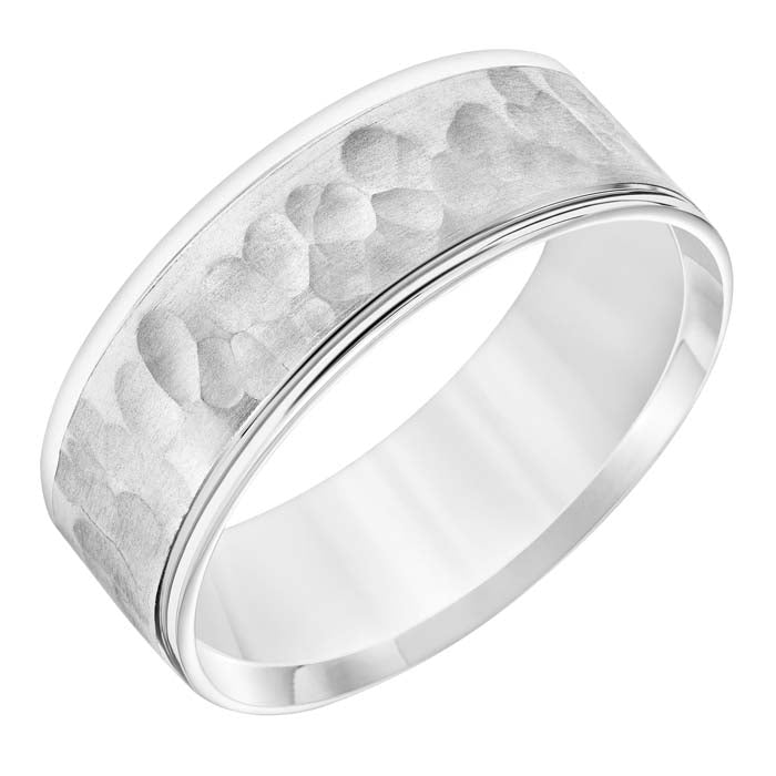 Goldman Men's 7.5MM Wedding Band with Hammered Brush Finish and Polished Edge in 14K White Gold