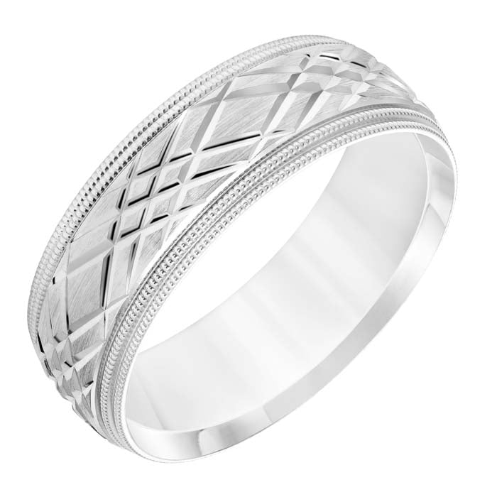 Goldman Men's 7MM Wedding Band with Brushed Finish and Diagonal Swiss Cut Pattern in 14K White Gold