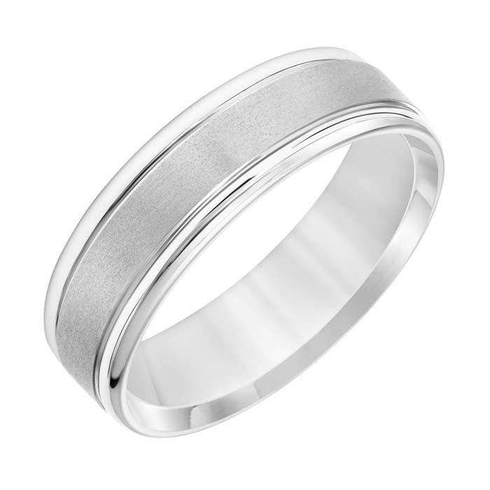 Goldman Men's 6.5MM Wedding Band with Flat Brushed Center and Polished Rounded Edges in 14K White Gold