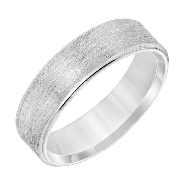 Goldman Men's 6MM Wedding Band with Wire Finish Center and Polished Rounded Edge in 14K White Gold