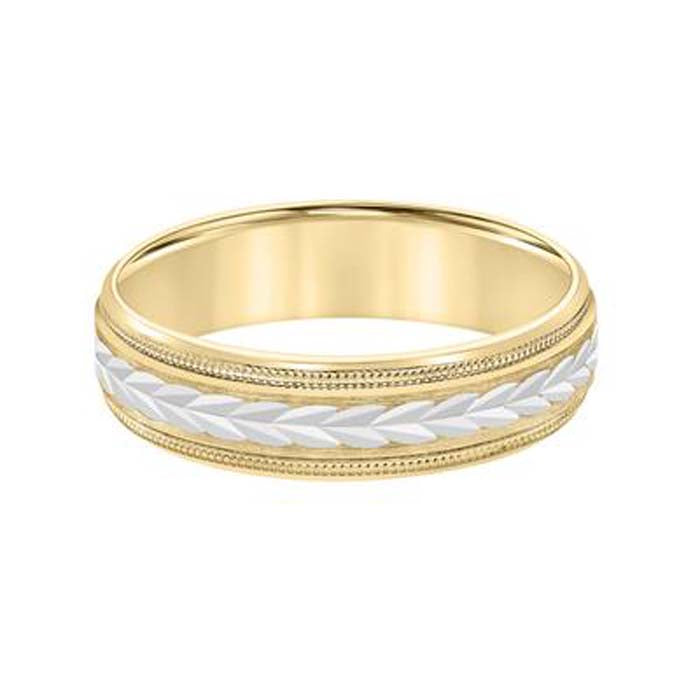 Goldman 6MM Carved Low Dome Wedding Band in 14K Yellow Gold with Rhodium