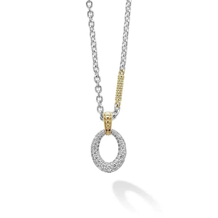 LAGOS Two Tone Oval Diamond Caviar Pendant Necklace in Sterling Silver and 18K Yellow Gold