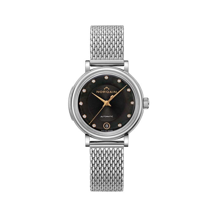 NORQAIN 34mm Freedom 60 Automatic Watch with Black Mother- of- Pearl Diamond Dial in Stainless Steel