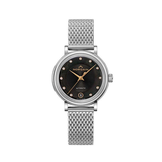 NORQAIN 34mm Freedom 60 Automatic Watch with Black Mother- of- Pearl Diamond Dial in Stainless Steel