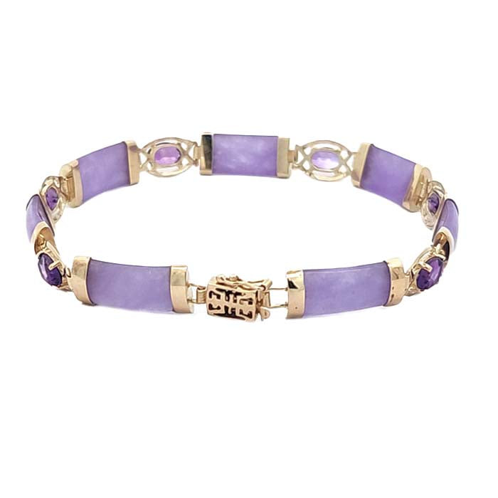 Estate Lavender Nephrite Jade and Amethyst Bracelet in 14K Yellow Gold