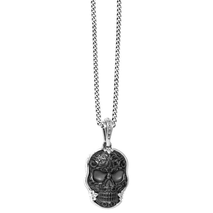 King Baby  Large Bezel Set Carved Jet Baroque Skull Pendant on Curb Chain in Sterling Silver