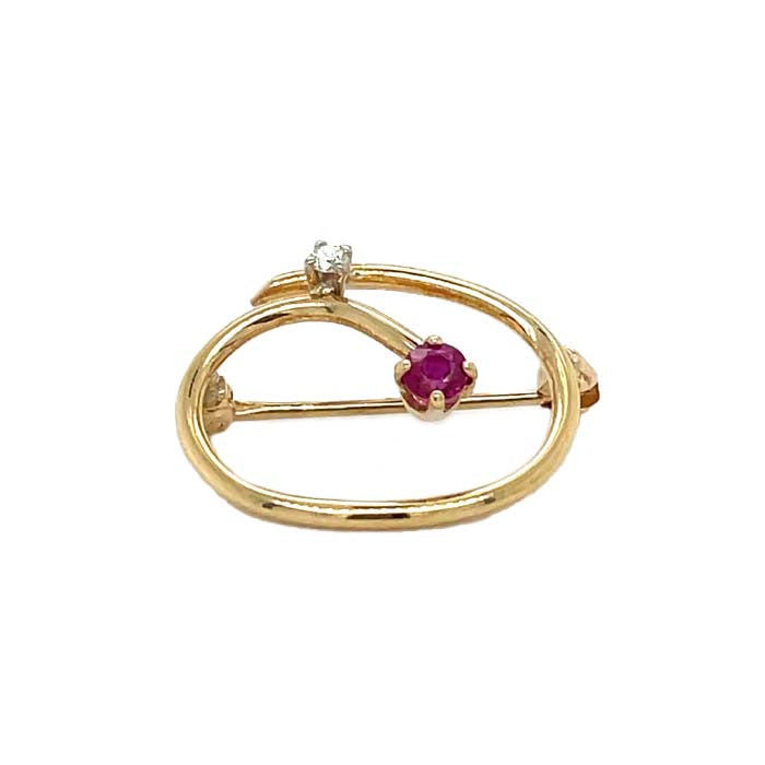 Estate Ruby and Diamond Curved Brooch in 14K Yellow Gold