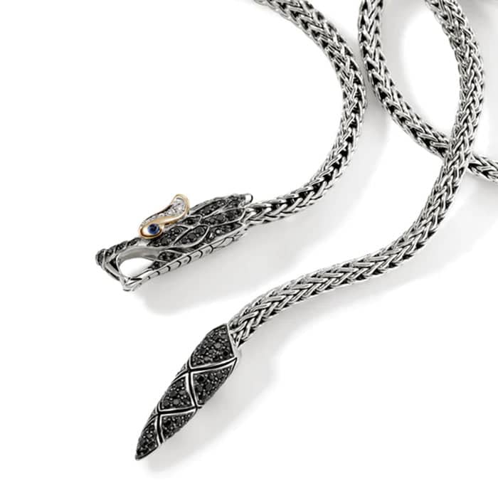 John Hardy Naga Lariat Necklace with Black Sapphires and Black Spinel in Sterling Silver and 18K Yellow Gold