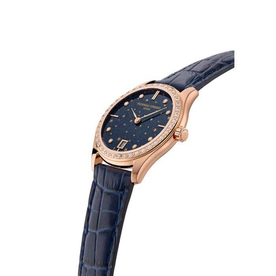 36mm Classics Moon and Stars Quartz Watch with Blue Diamond Dial and Diamond Bezel in Rose Gold Plate