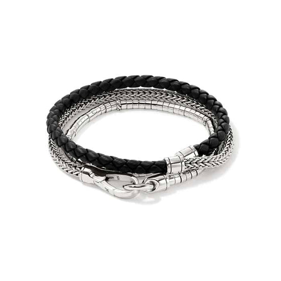 John Hardy 4.5MM Black Leather Heishi Chain Triple Wrap Bracelet in Sterling Silver