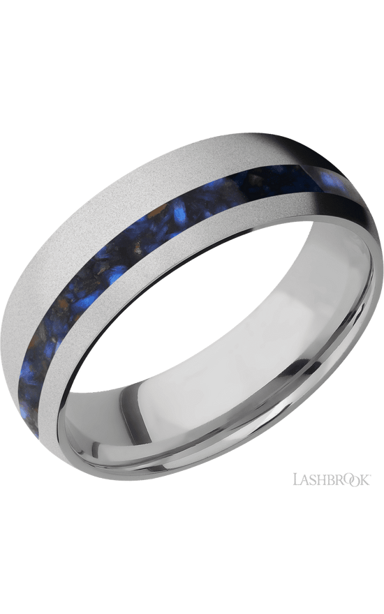 7 mm wide/Domed/Titanium band with one 2 mm Off Center inlay of Blue Tiger Eye.